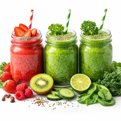 Three Mason Jar Smoothies With Fresh Ingredients
