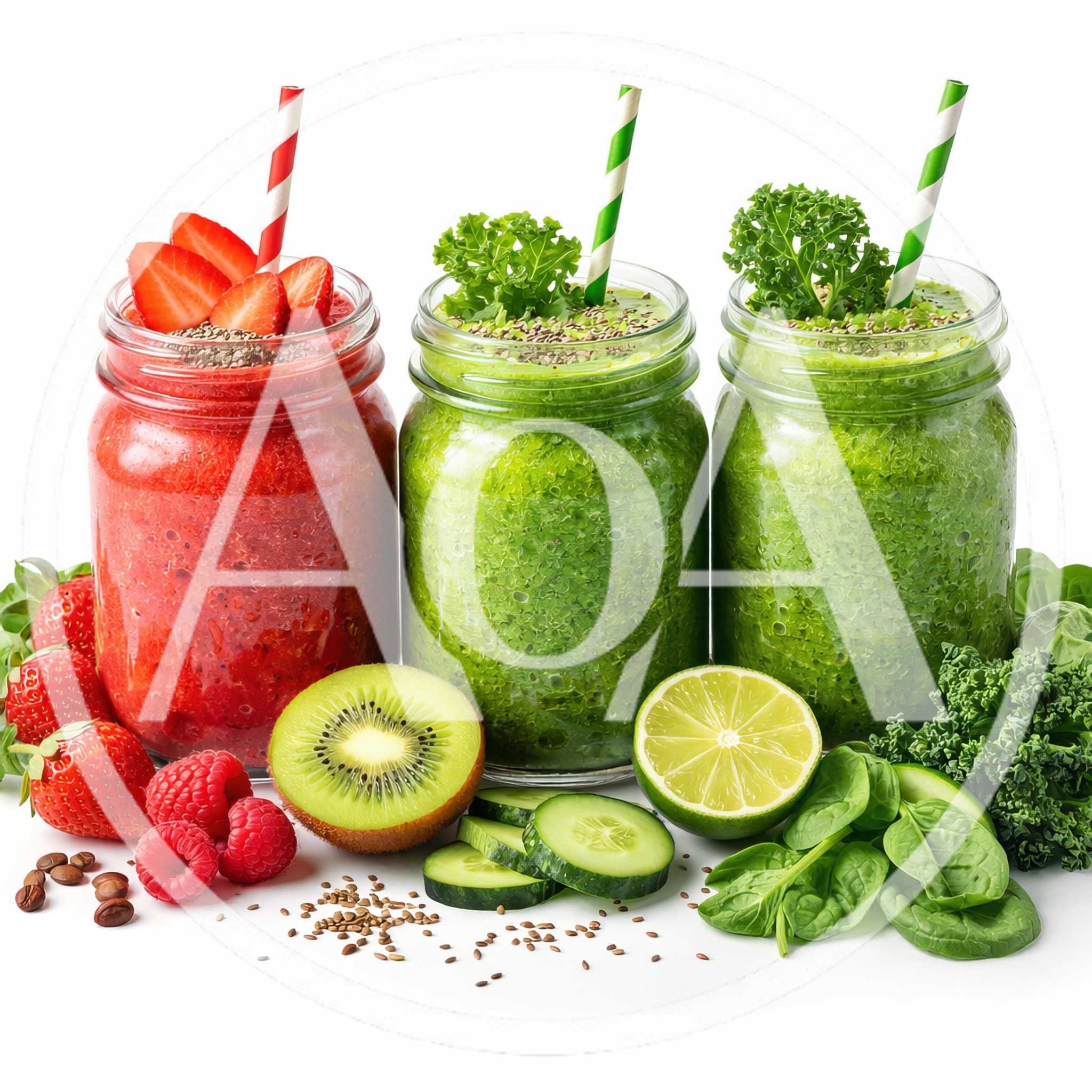 Three Mason Jar Smoothies With Fresh Ingredients