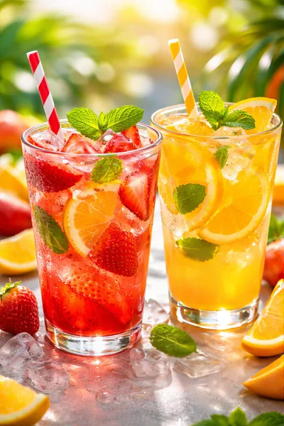 Two Refreshing Fruit Infused Cocktails With Strawberries And Oranges