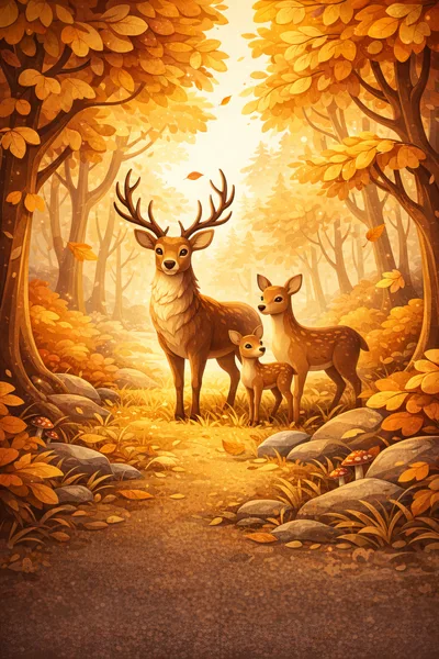 Family of Deer in an Autumn Forest
