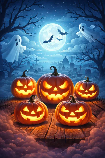 Five Glowing Jack O Lanterns in Spooky Graveyard
