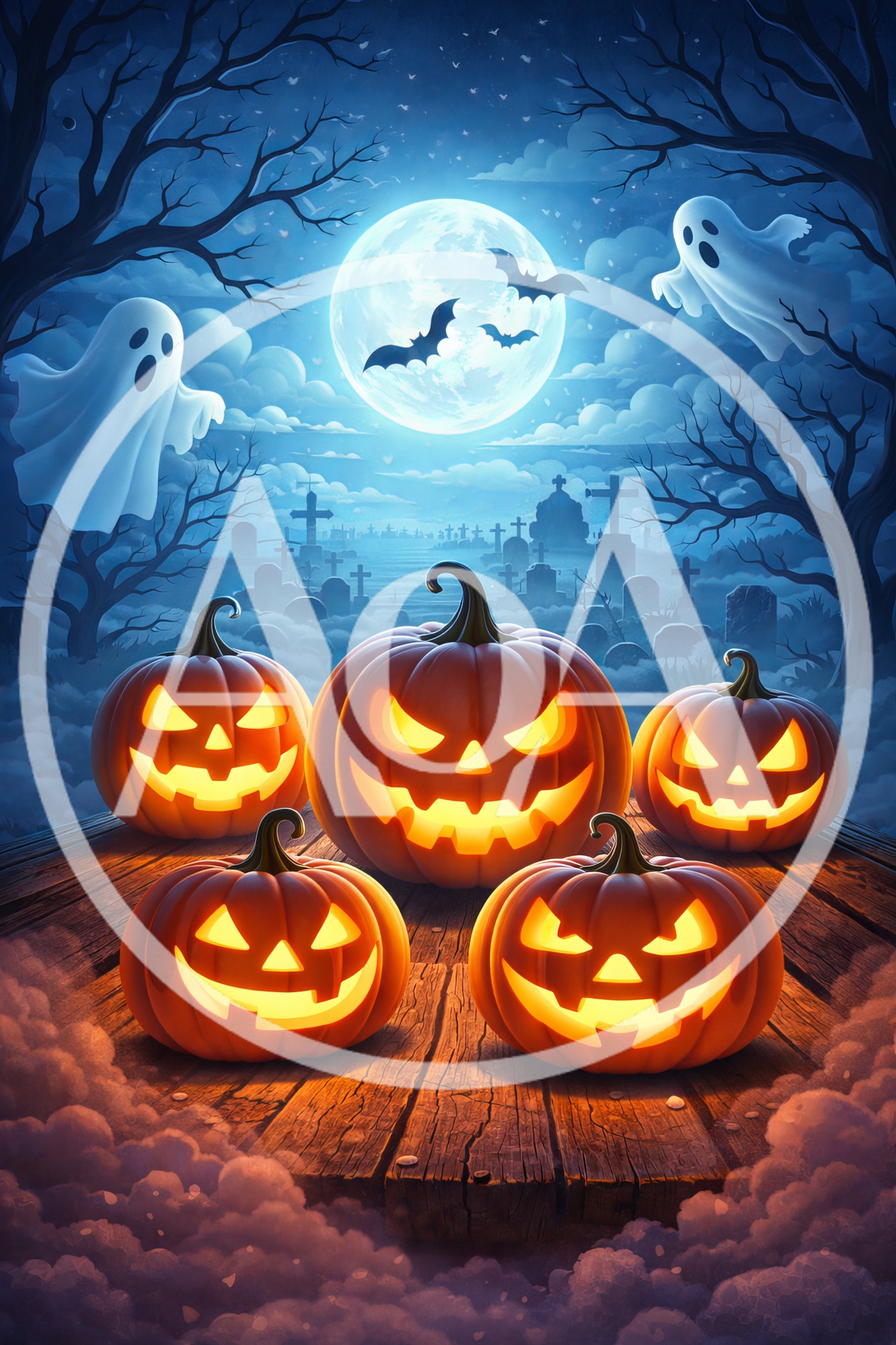 Five Glowing Jack O Lanterns in Spooky Graveyard