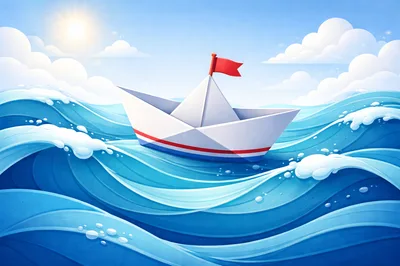 Paper Boat Sailing On Stylized Blue Ocean Waves