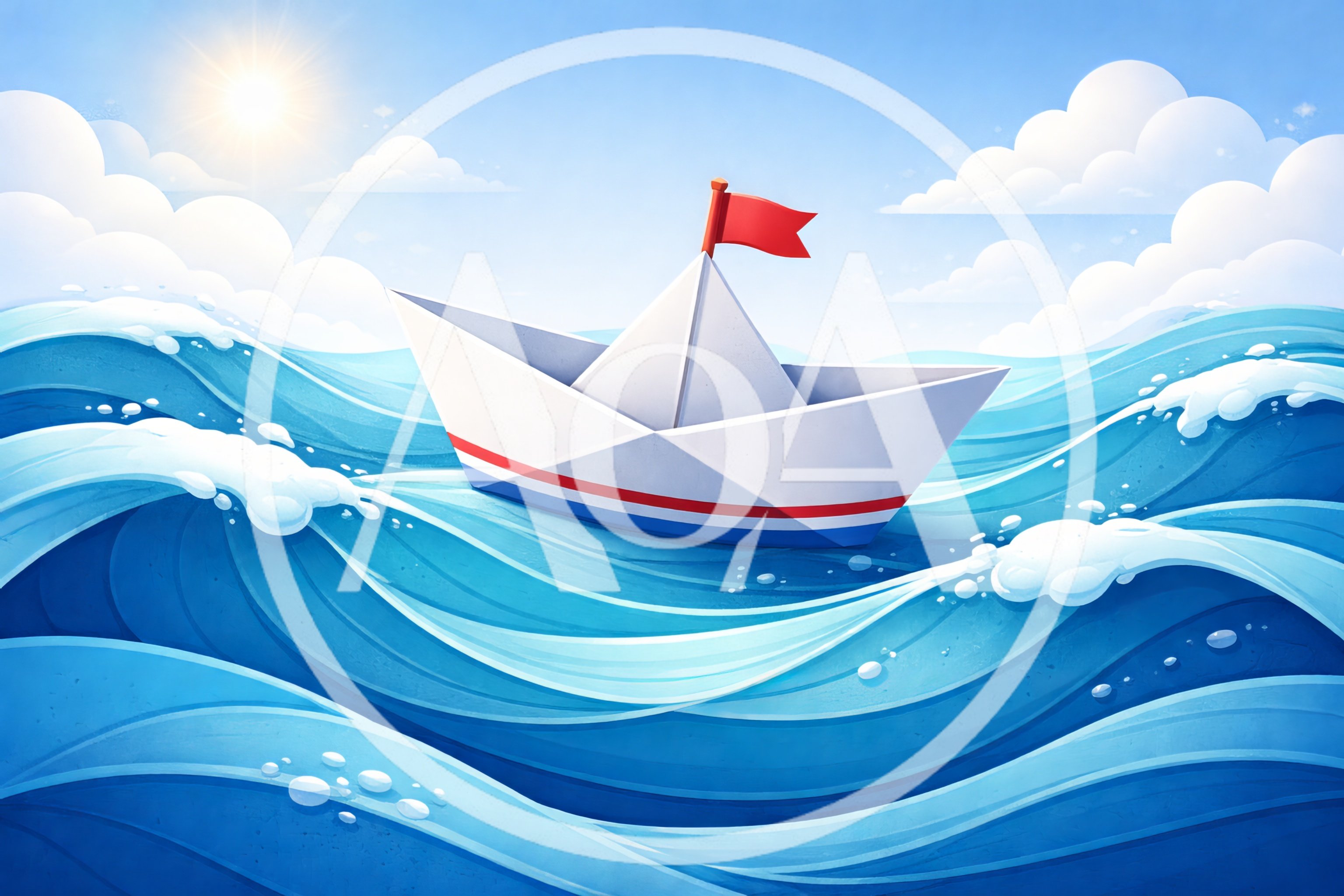 Paper Boat Sailing On Stylized Blue Ocean Waves
