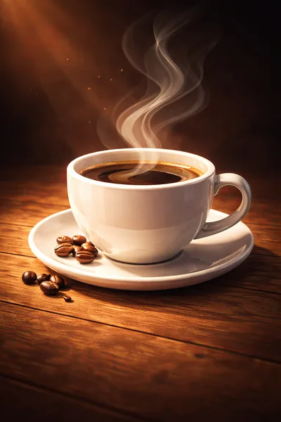 Steaming Cup Of Black Coffee On Wooden Table