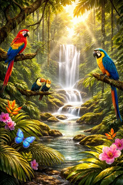 Tropical Rainforest Waterfall With Exotic Birds And Flowers