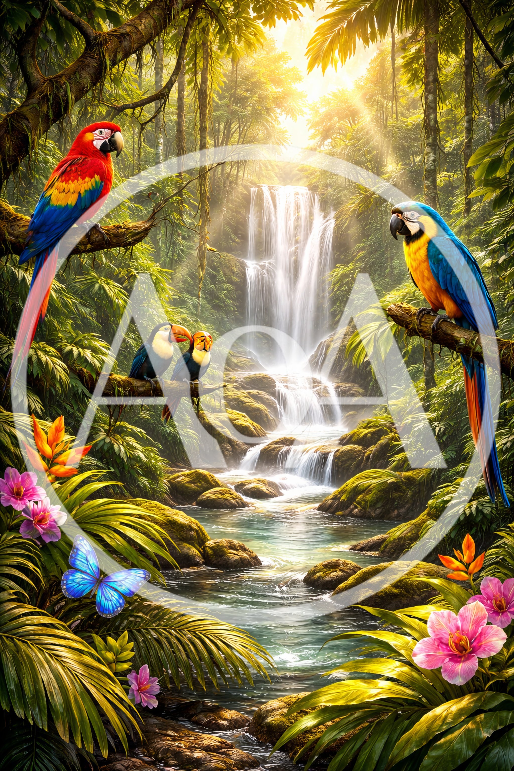 Tropical Rainforest Waterfall With Exotic Birds And Flowers