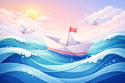Paper Boat Sailing On Stylized Ocean Waves