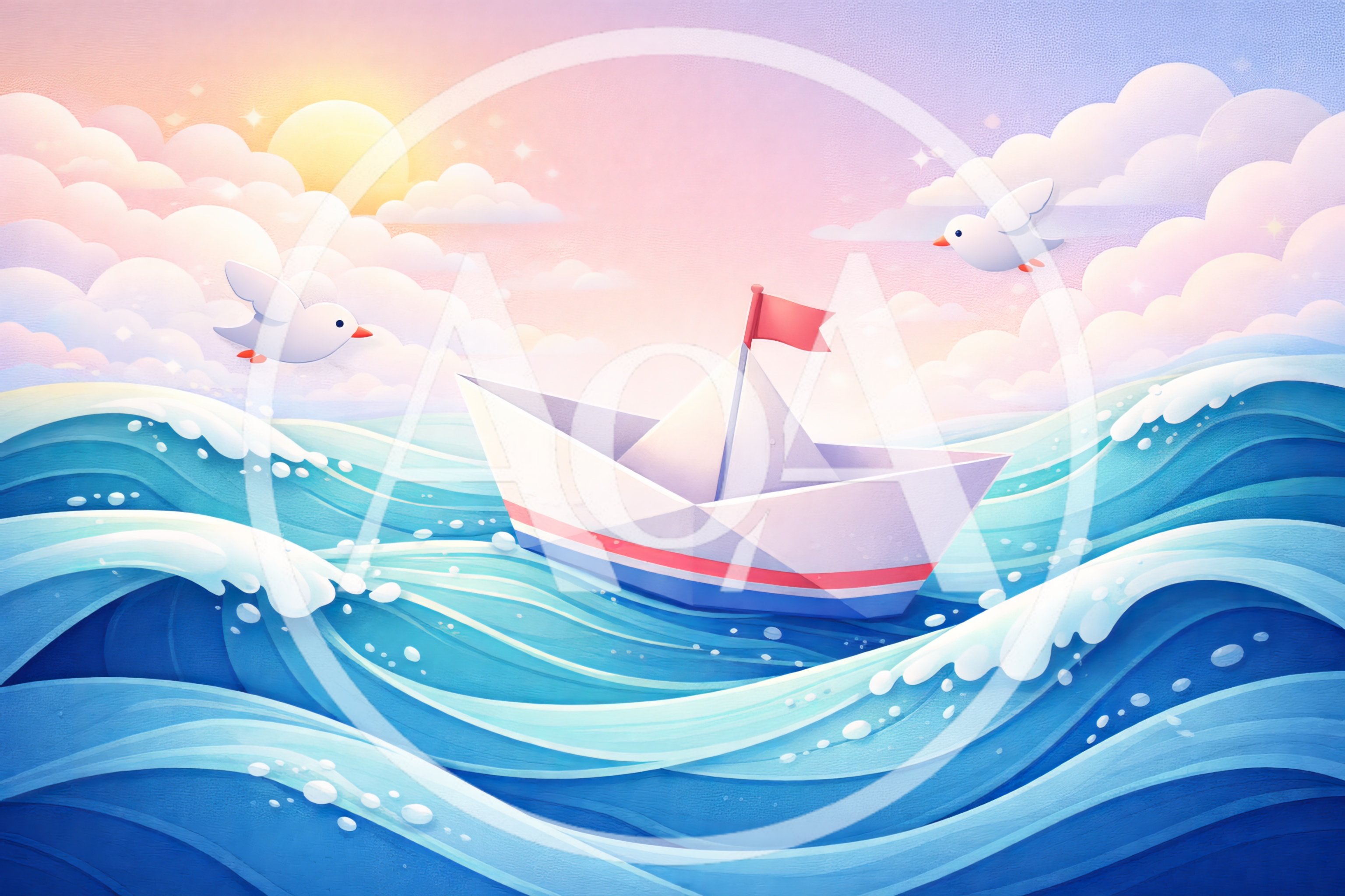 Paper Boat Sailing On Stylized Ocean Waves