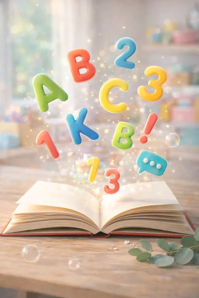 Magical Open Book With Floating Letters And Numbers