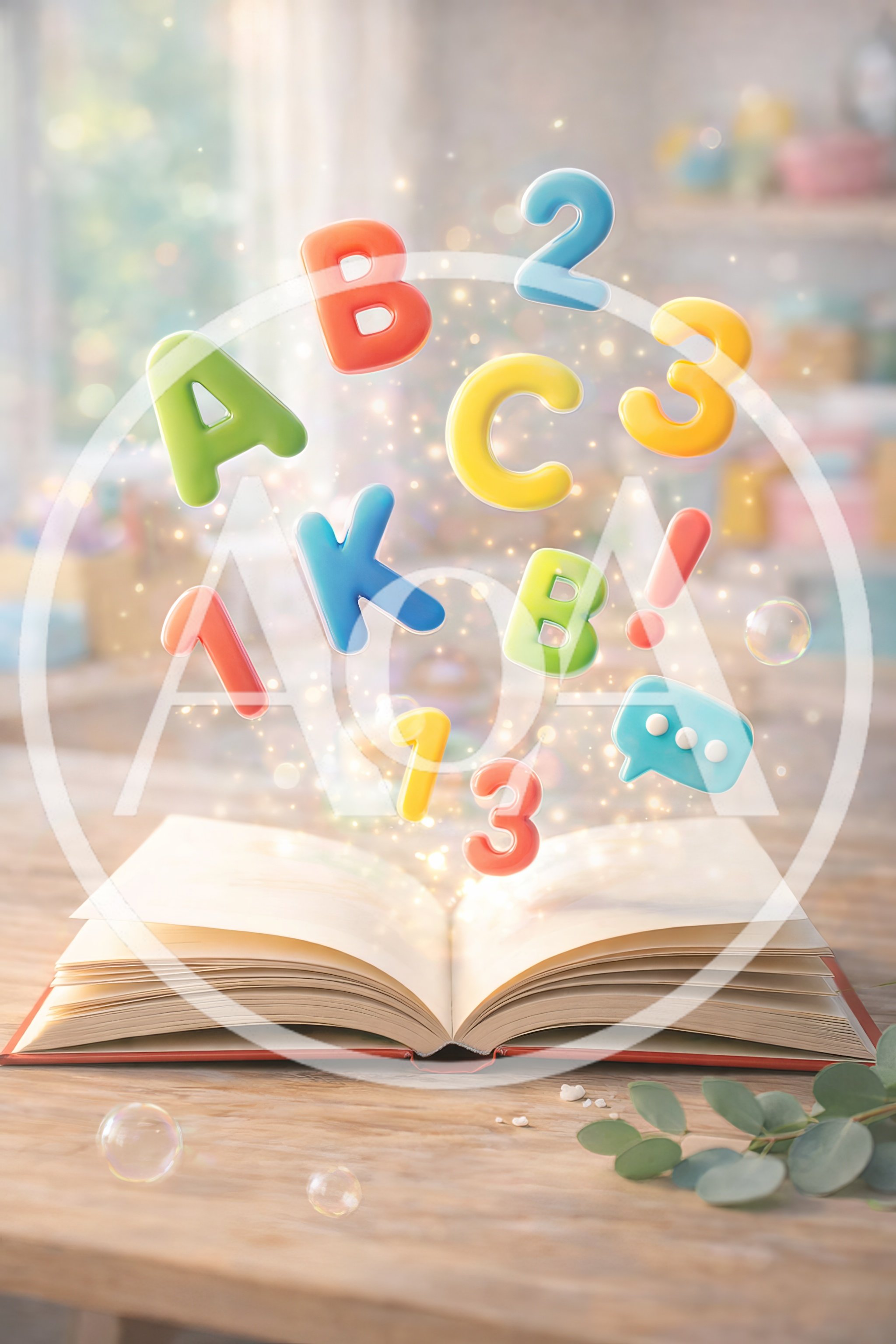 Magical Open Book With Floating Letters And Numbers