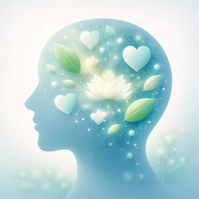 Conceptual Illustration Of Human Mind With Lotus And Hearts