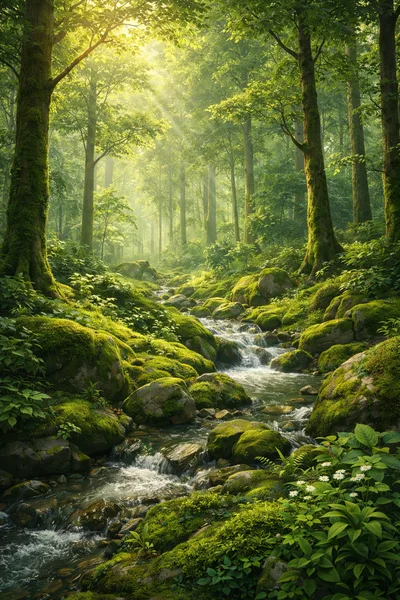 Sunlit Mossy Forest Stream With Lush Greenery