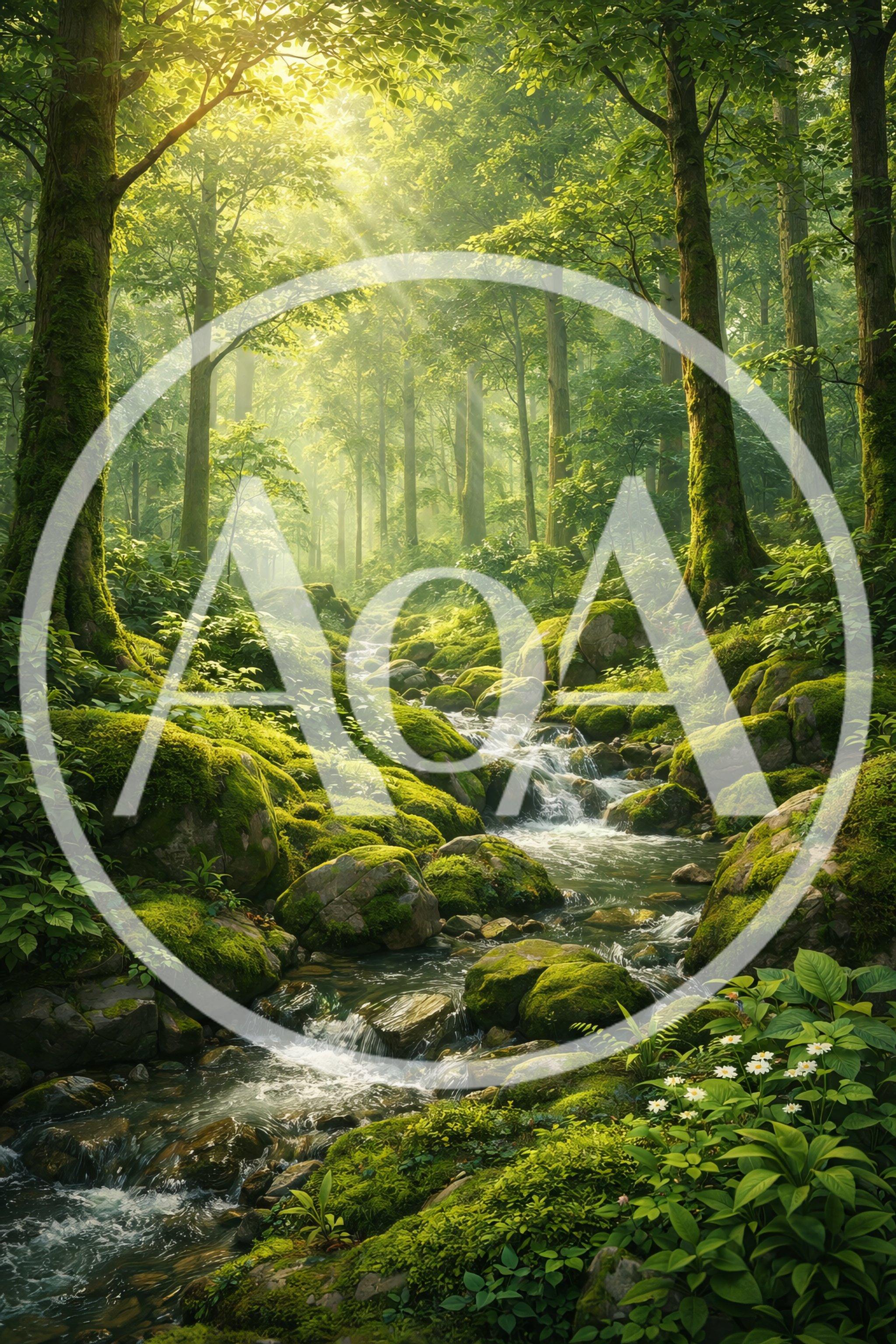 Sunlit Mossy Forest Stream With Lush Greenery