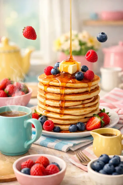 Stack Of Pancakes With Syrup And Fresh Berries