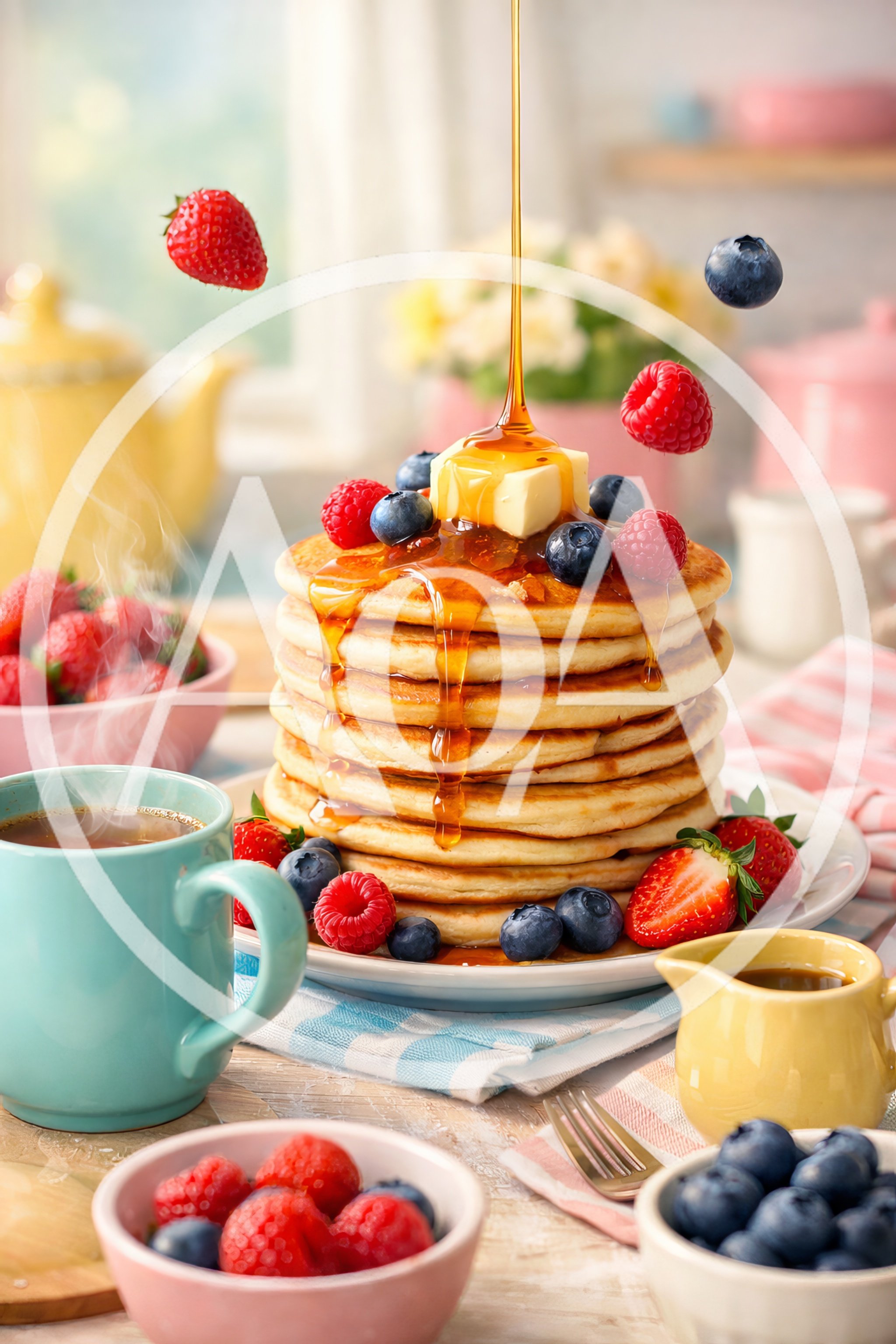 Stack Of Pancakes With Syrup And Fresh Berries