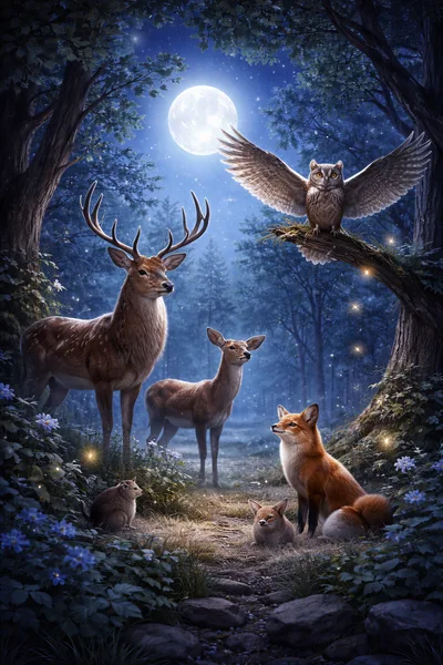 Enchanted Forest Scene With Deer Owl And Fox