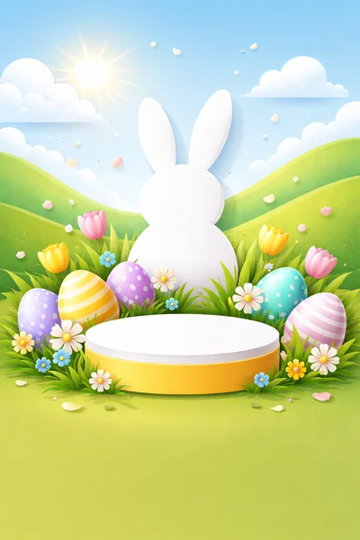 Easter Podium Display With Bunny And Decorated Eggs