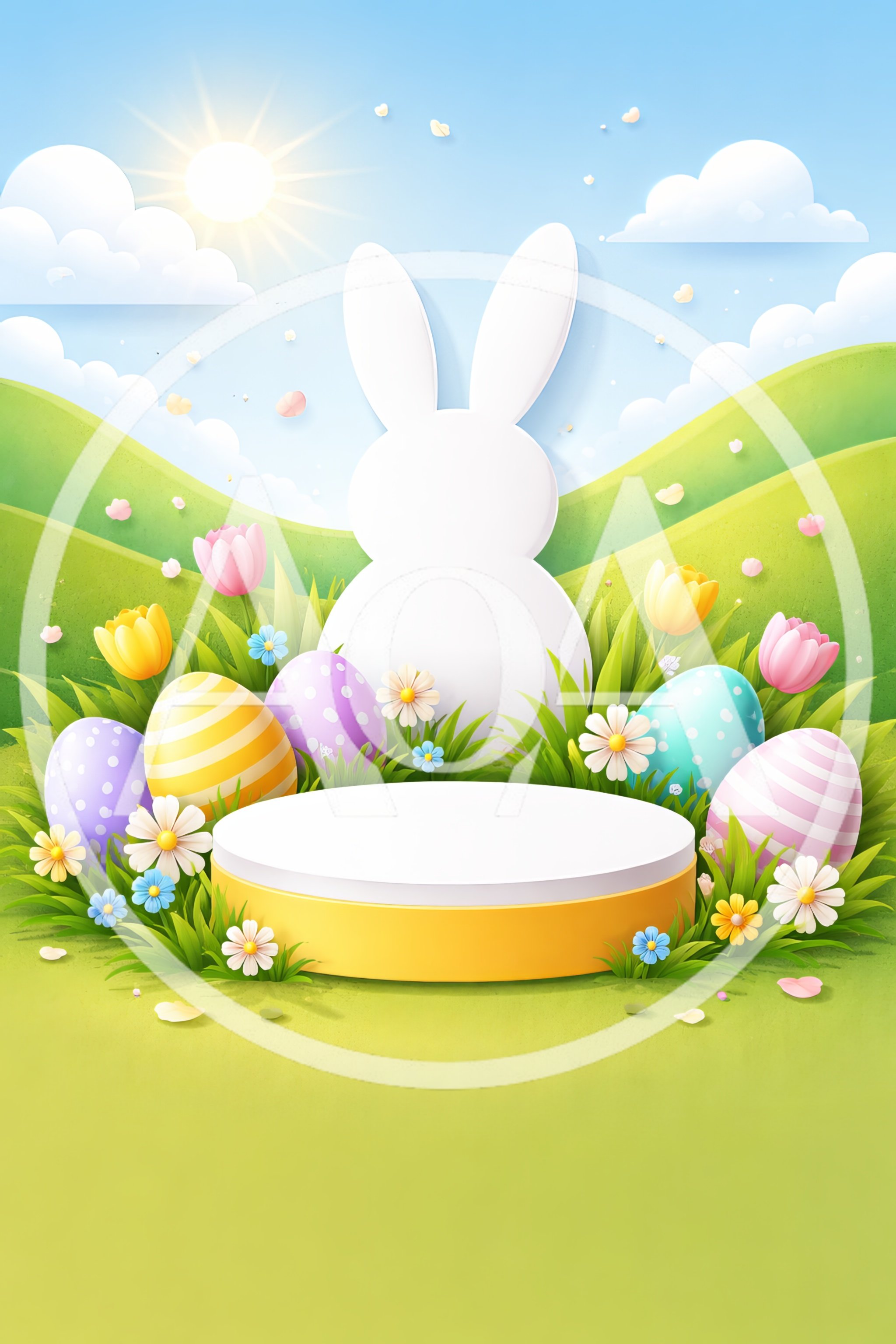Easter Podium Display With Bunny And Decorated Eggs