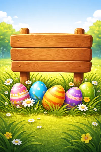 Easter Eggs With Wooden Sign In Spring Meadow