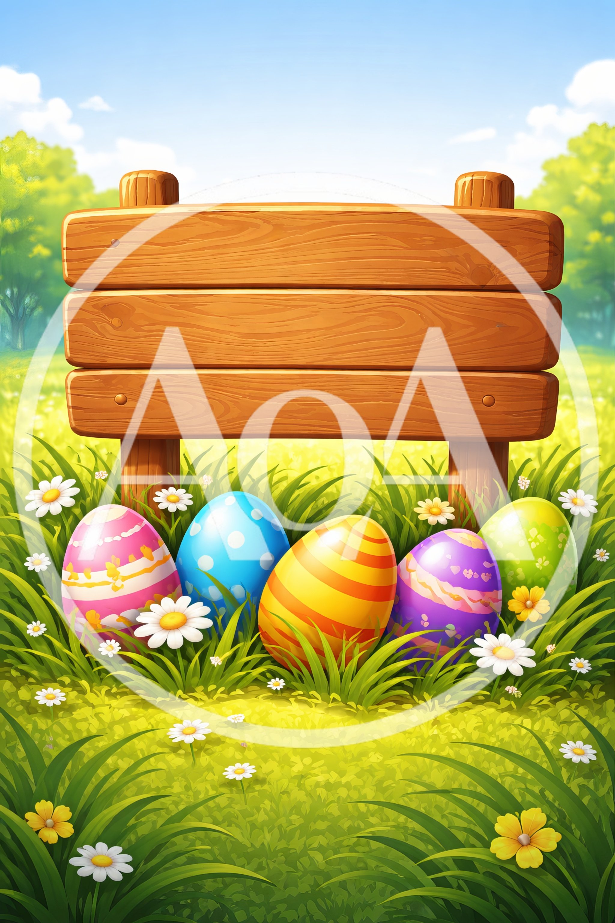 Easter Eggs With Wooden Sign In Spring Meadow