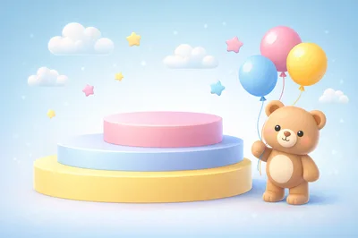 Cute Teddy Bear Holding Balloons With Display Podium