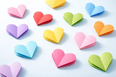 Colorful Origami Paper Hearts Arranged On White Background