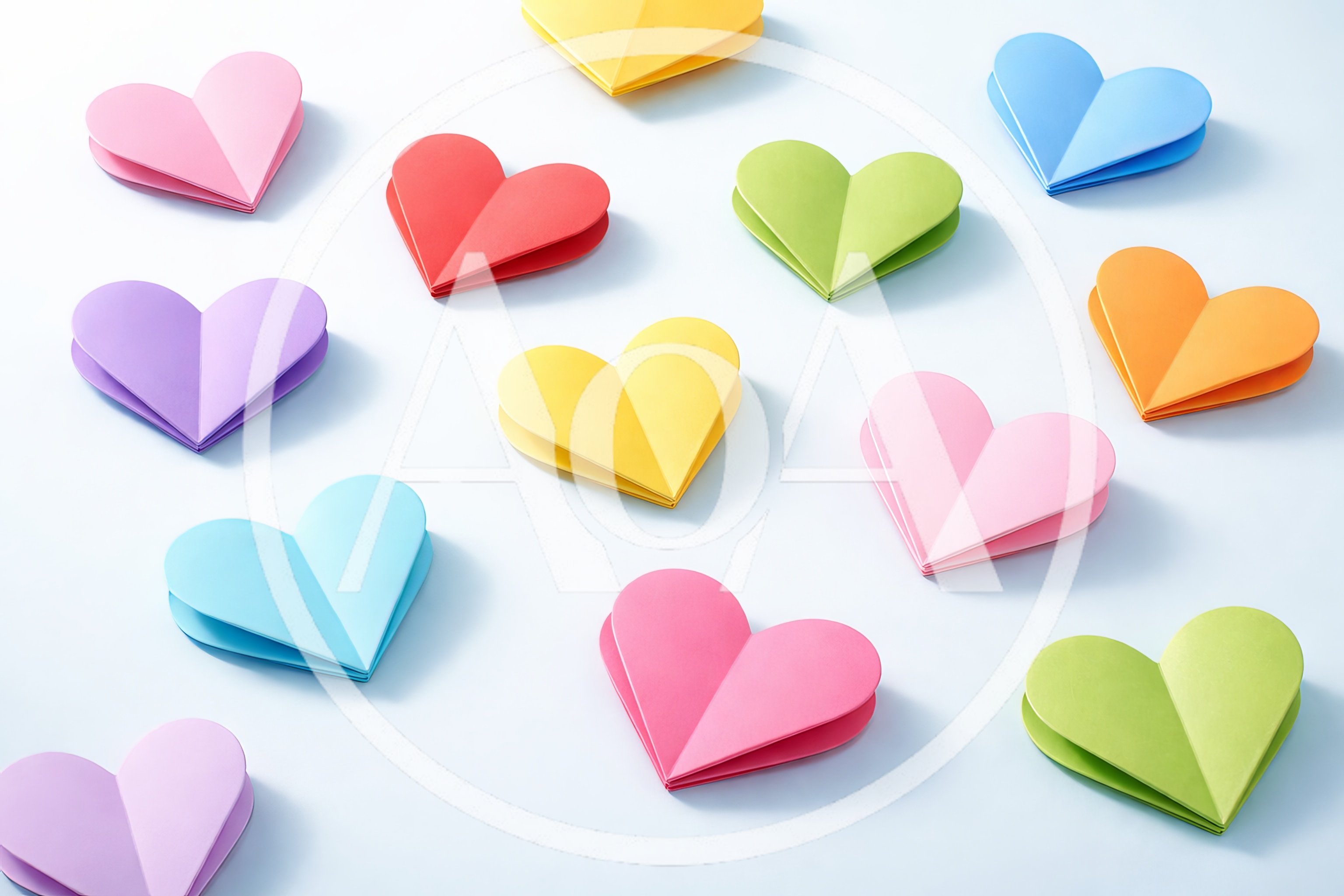 Colorful Origami Paper Hearts Arranged On White Background