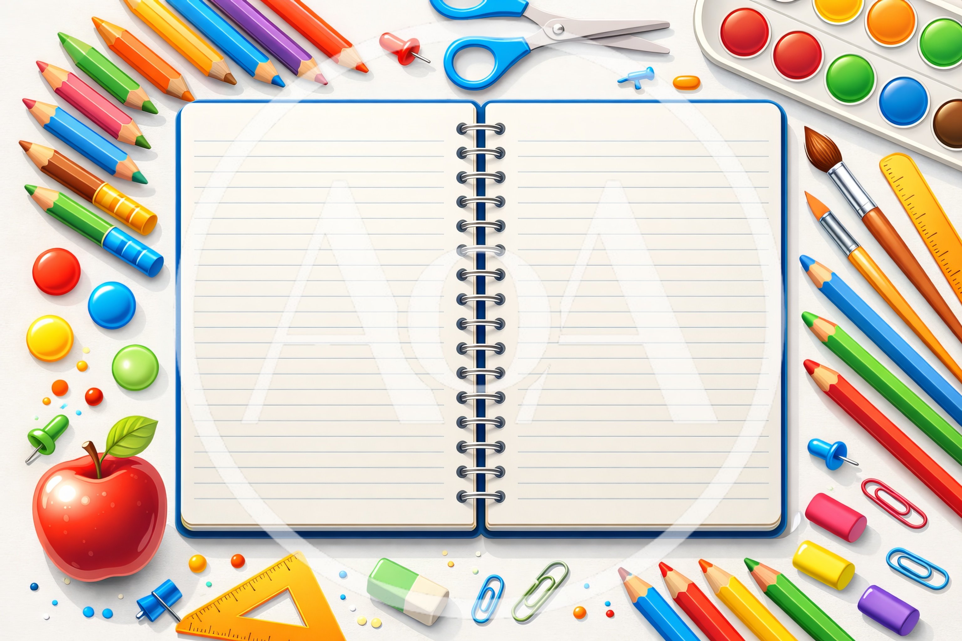 School Supplies Arranged Around An Open Spiral Notebook