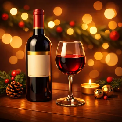 Wine Bottle and Glass on Festive Holiday Table