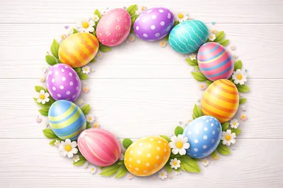 Easter Egg Wreath With Flowers On White Wood