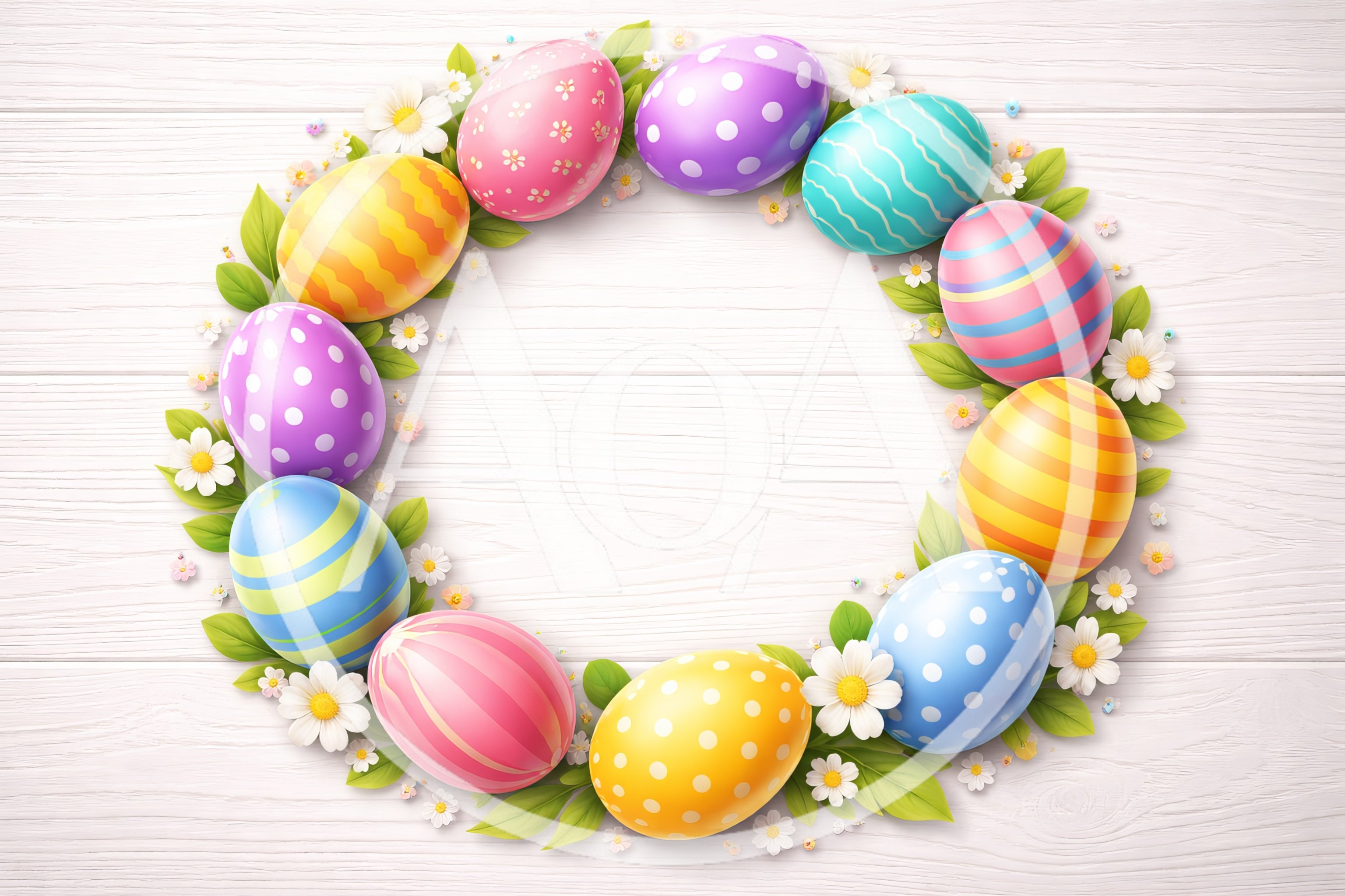 Easter Egg Wreath With Flowers On White Wood