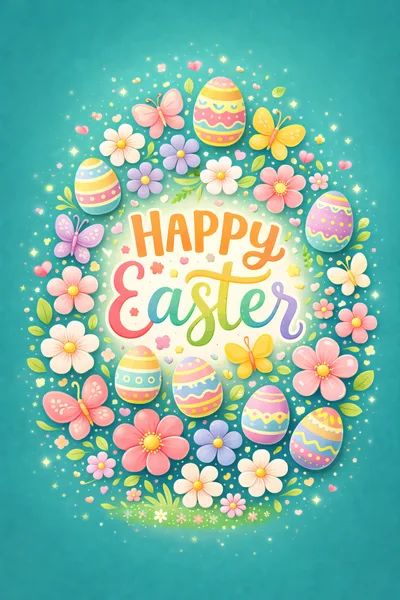 Happy Easter Greeting Card With Floral Wreath And Eggs