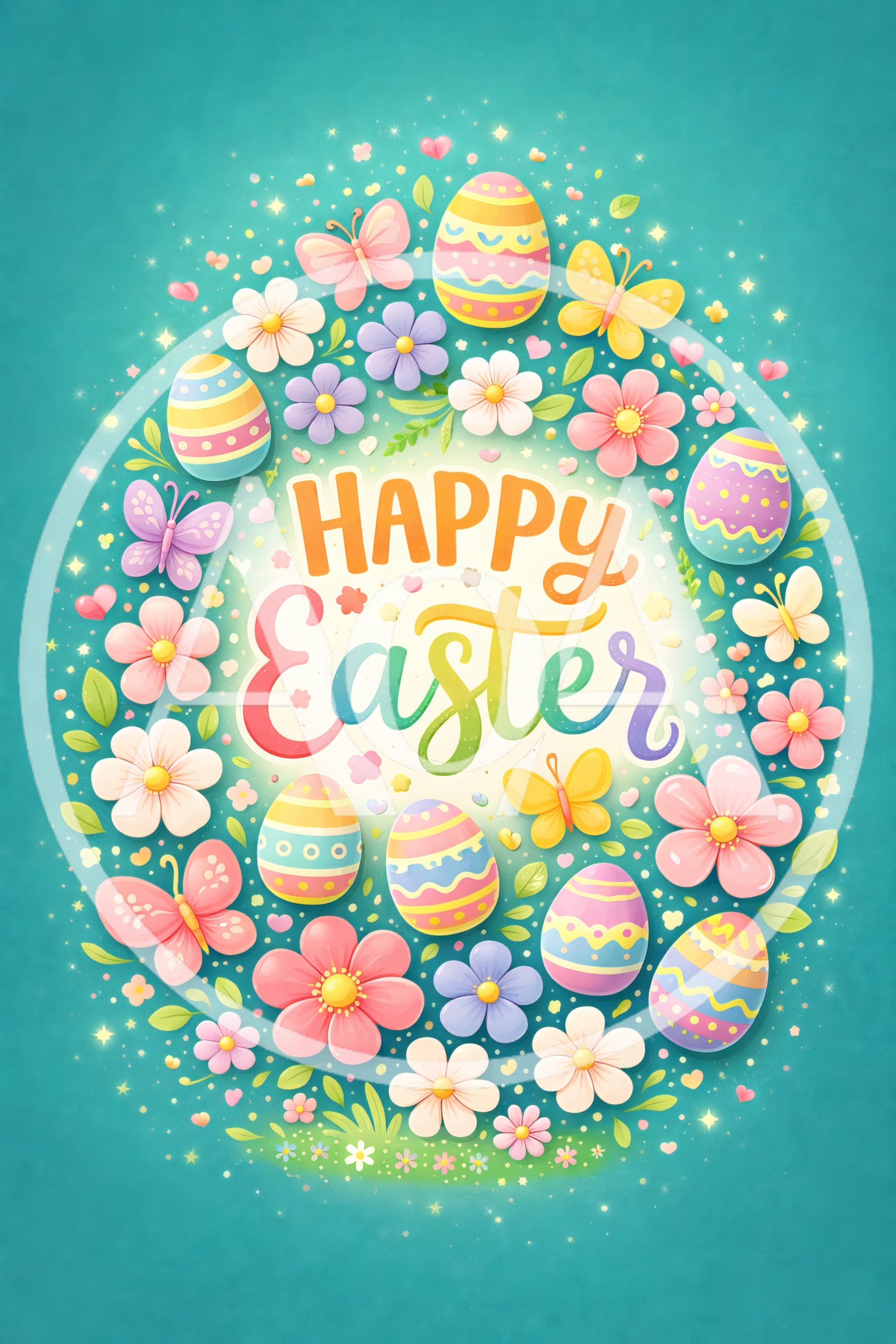 Happy Easter Greeting Card With Floral Wreath And Eggs
