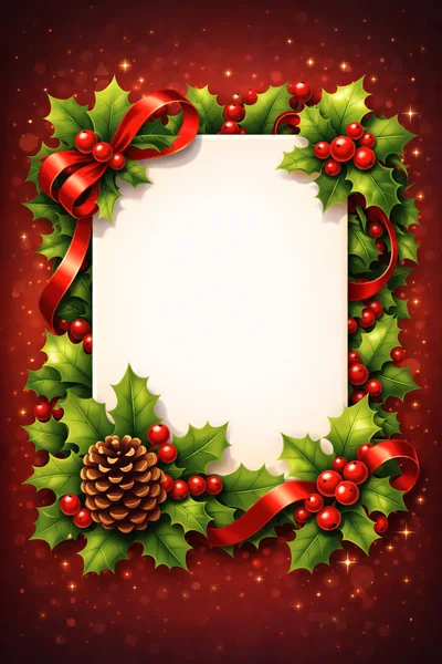 Christmas Holly Wreath Frame With Pinecone And Ribbon