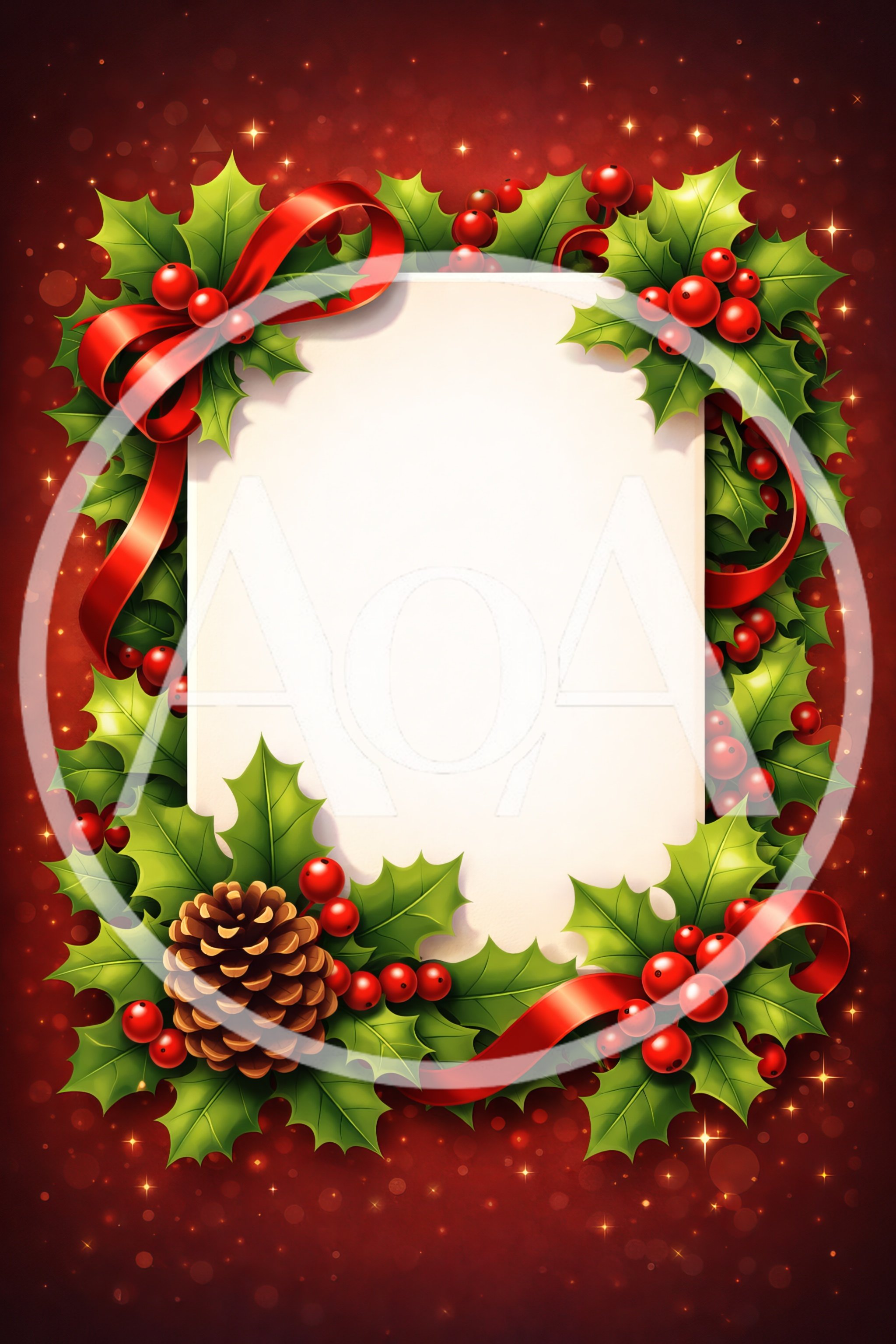 Christmas Holly Wreath Frame With Pinecone And Ribbon