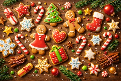 Christmas Gingerbread Cookies and Holiday Decorations on Wood