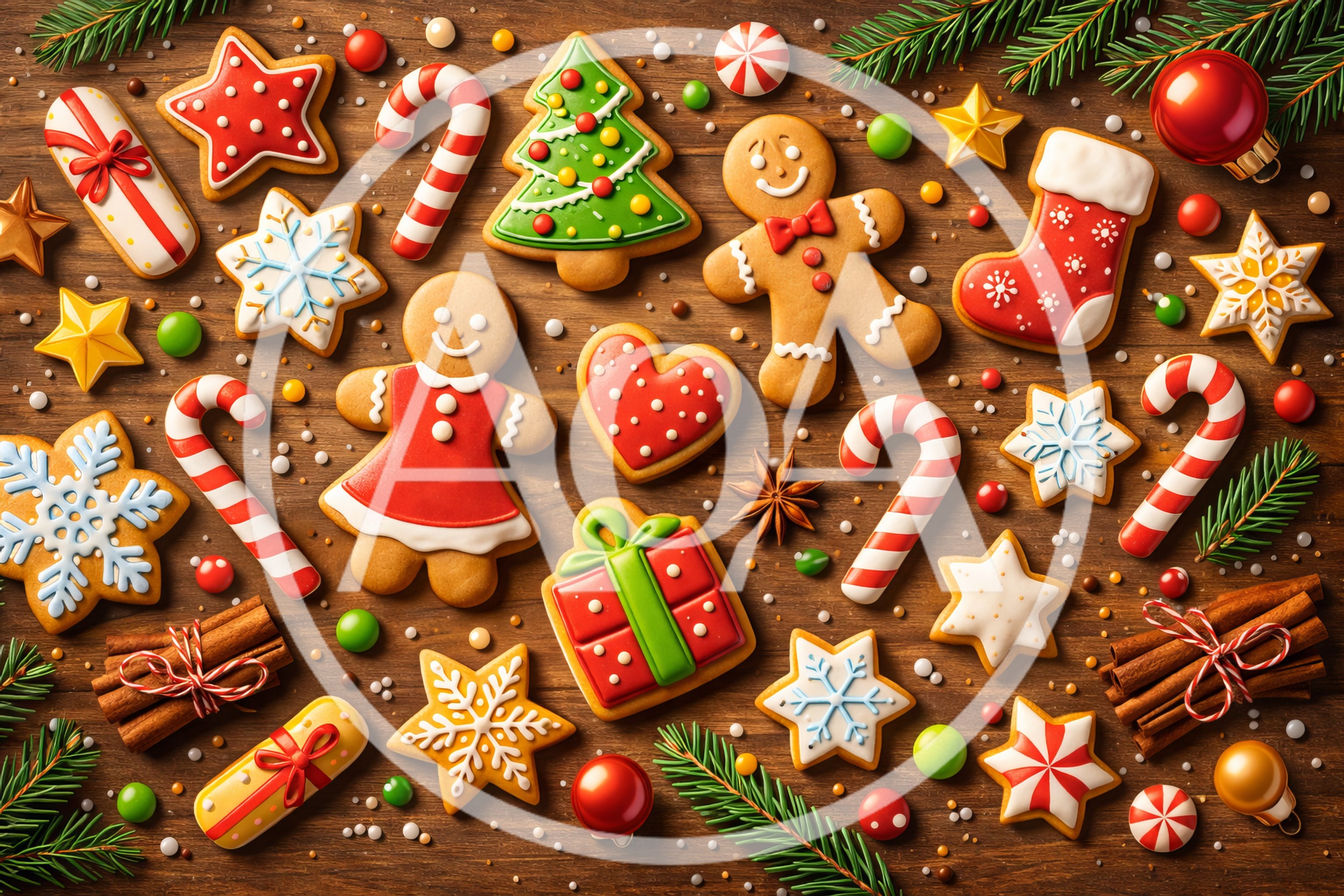 Christmas Gingerbread Cookies and Holiday Decorations on Wood
