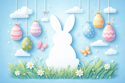Easter Bunny Silhouette With Hanging Eggs And Flowers