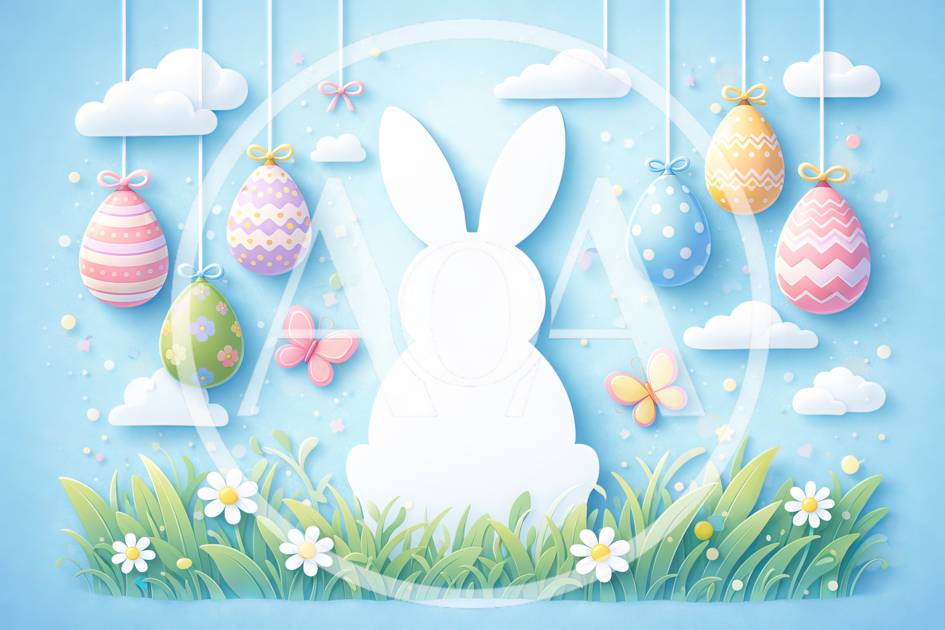 Easter Bunny Silhouette With Hanging Eggs And Flowers
