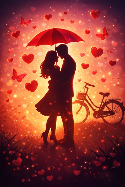 Romantic Couple Embracing Under Umbrella At Sunset