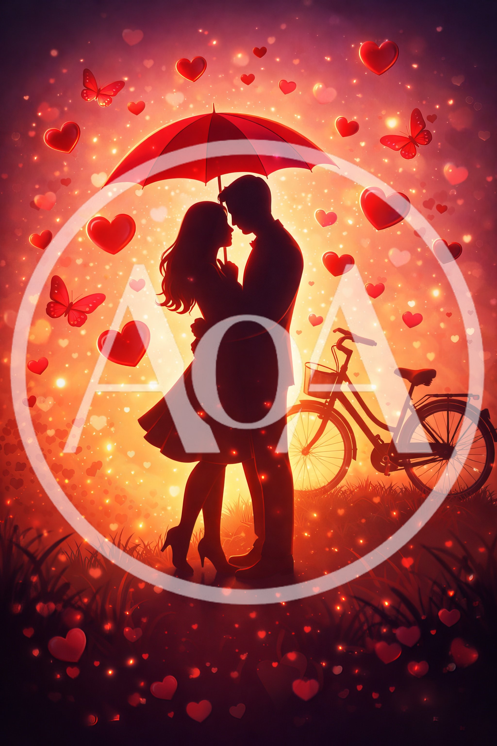 Romantic Couple Embracing Under Umbrella At Sunset