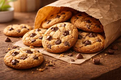 Freshly Baked Chocolate Chip Cookies in Paper Bag