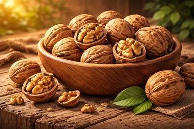 Walnuts In A Wooden Bowl On A Rustic Table