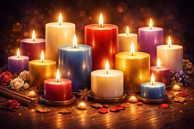 Festive Assorted Candles On A Wooden Table