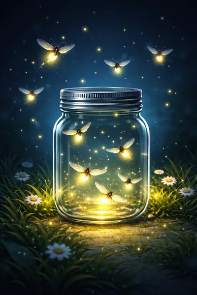 Fireflies Glowing Inside A Glass Jar At Night