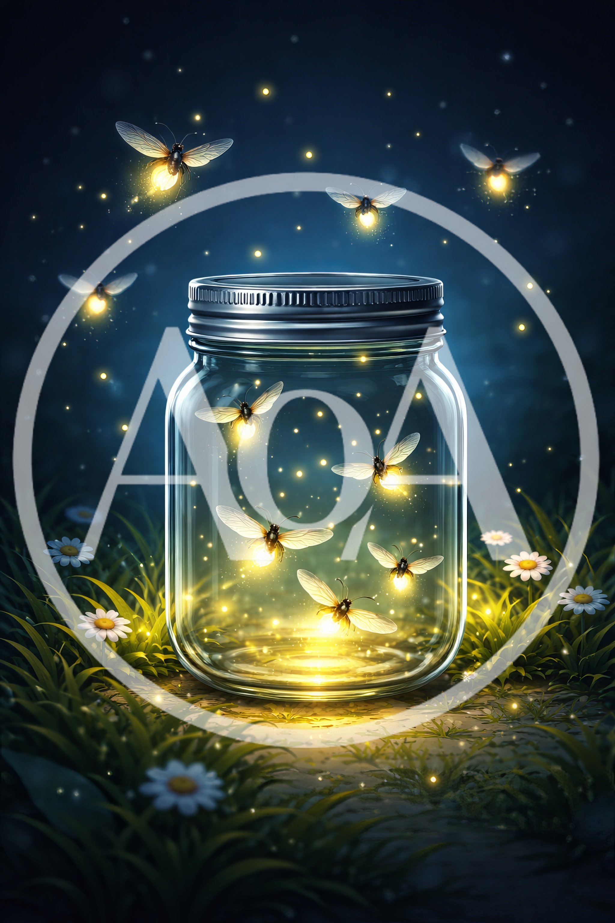 Fireflies Glowing Inside A Glass Jar At Night