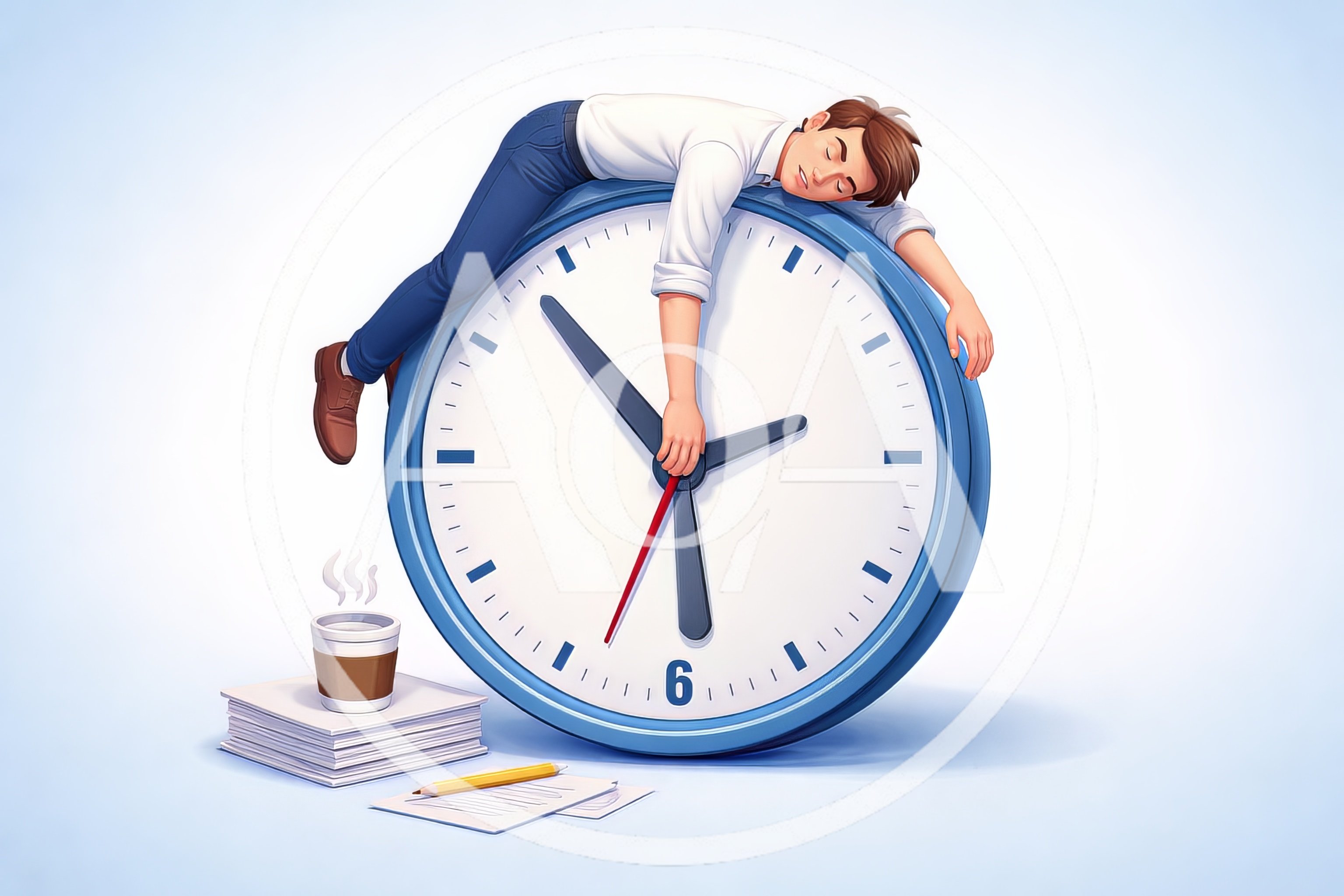 Exhausted Businessman Sleeping On A Giant Clock