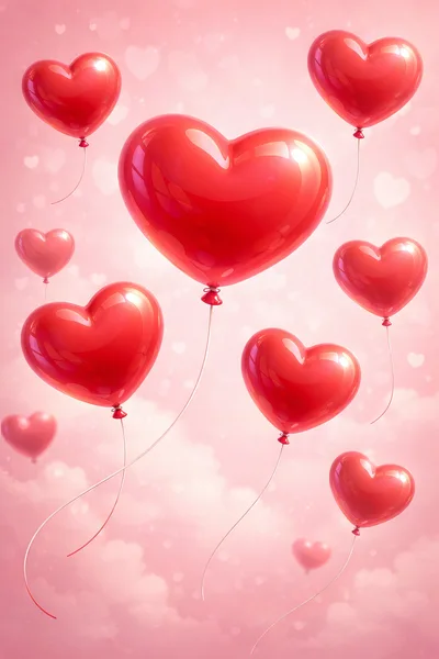 Floating Red Heart Balloons Against A Soft Pink Background