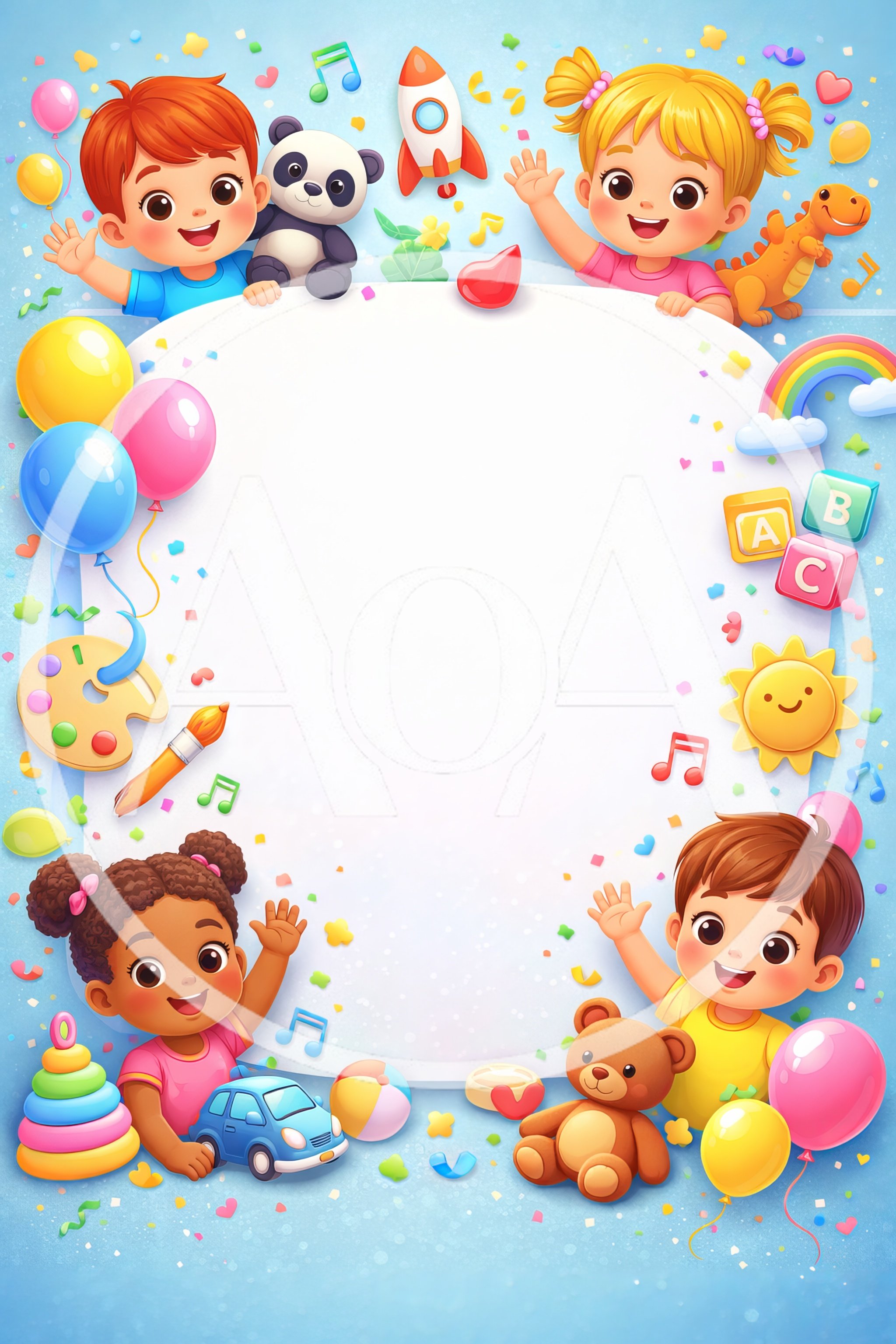 Happy Children With Toys And Blank Frame